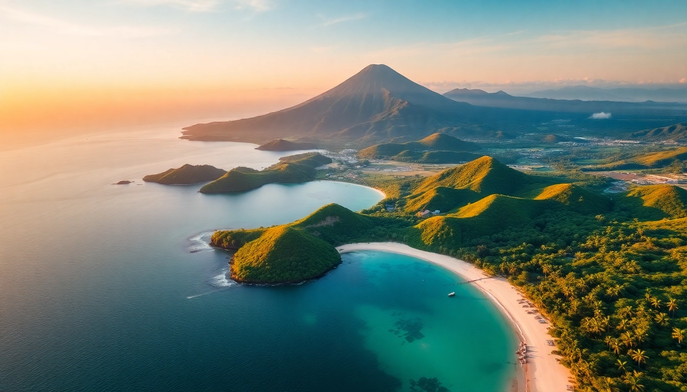 Lombok's scenic coastline with Mount Rinjani, lush forests, and clear blue waters, inviting and vibrant.