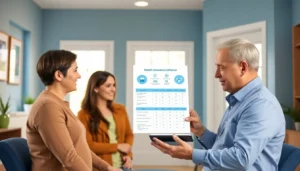 Agent helps a family compare health insurance plans on a tablet in a bright office.
