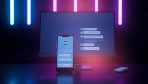 A digital illustration of a smartphone and monitor showing a chat interface with an AI character, set against a dark background with neon accents.