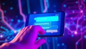 Futuristic AI chatbot interface with glowing chat bubbles and digital background