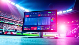 An engaging image of an online sports betting platform on a computer screen with a lively stadium in the background.