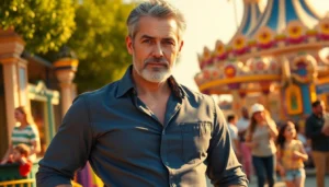 An attractive older man with salt-and-pepper hair and beard enjoying family time at Disneyland.