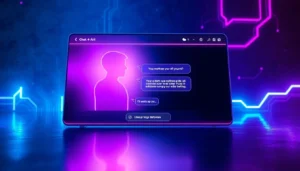 Futuristic digital interface showing AI chat on a neon-lit screen with abstract human and digital elements.
