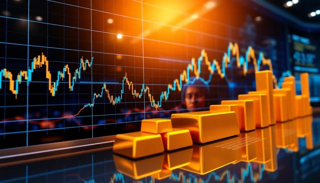 Realistic image illustrating stock market updates with financial graphs, gold, and digital