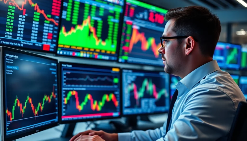 Stock Market News update with trader analyzing financial charts and market data in real time,